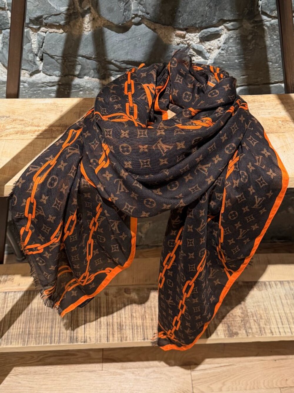 Louis Vuitton 2018 Brown Monogram Solar Ray Chain Print Cashmere Silk Shawl